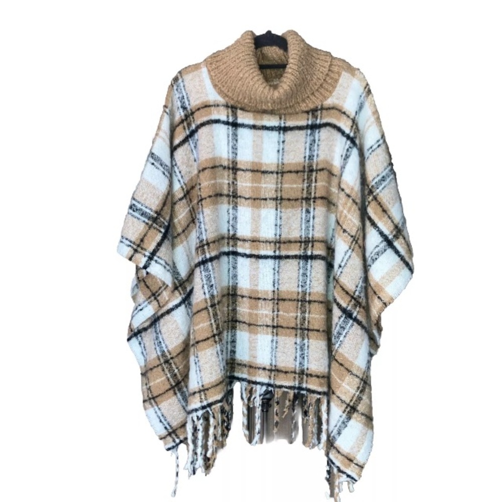 Lucky Belle Tartan Plaid Tan Black White Turtleneck Poncho Shawl Boucle Sweater.